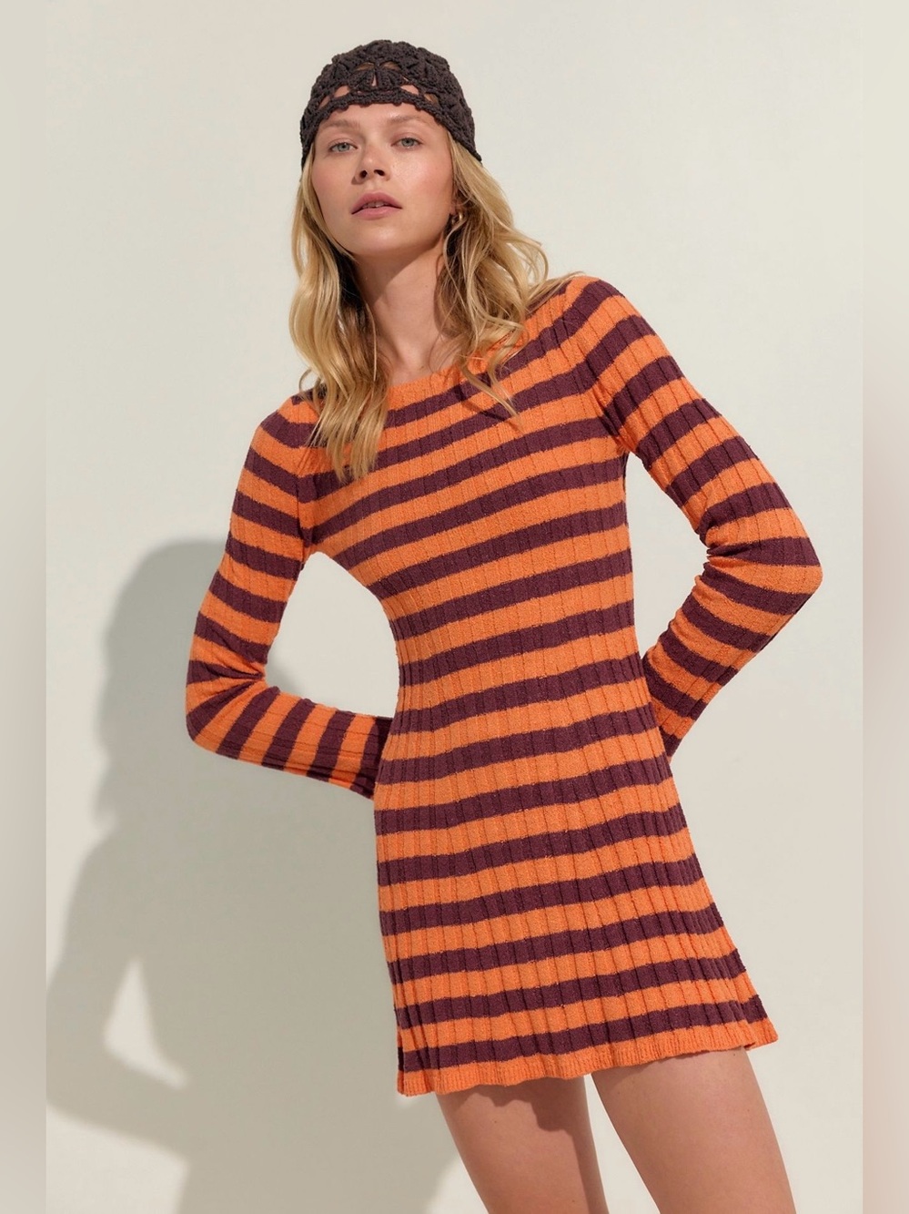 Free People Striped Rib-Knit Mini Dress in Orange and Brown Halloween